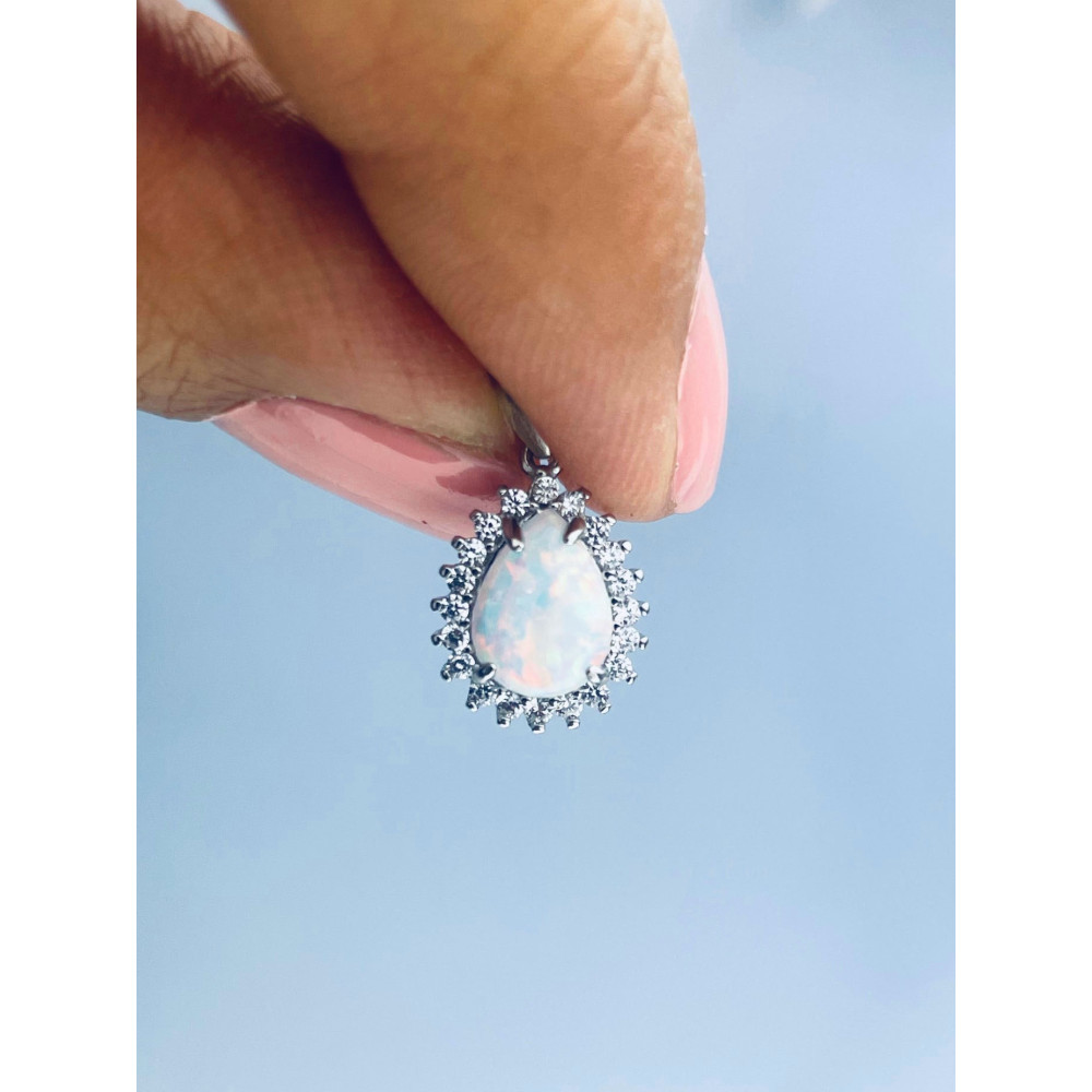 Srebrny wisiorek zawieszka łezka kropelka biały opal i cyrkonie karmazycja