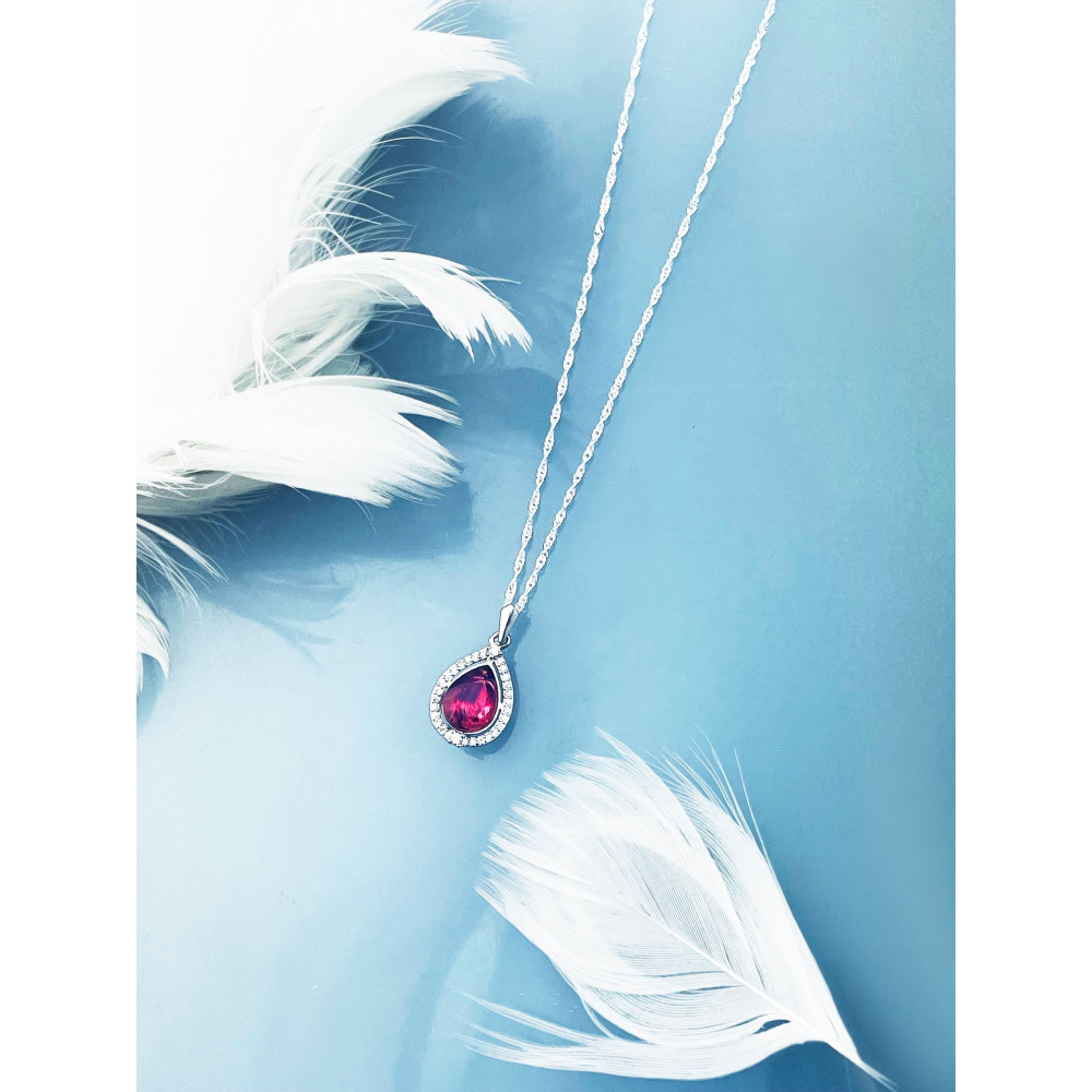 Srebrny wisiorek zawieszka kropelka łezka z cyrkoniami różowa karmazycja