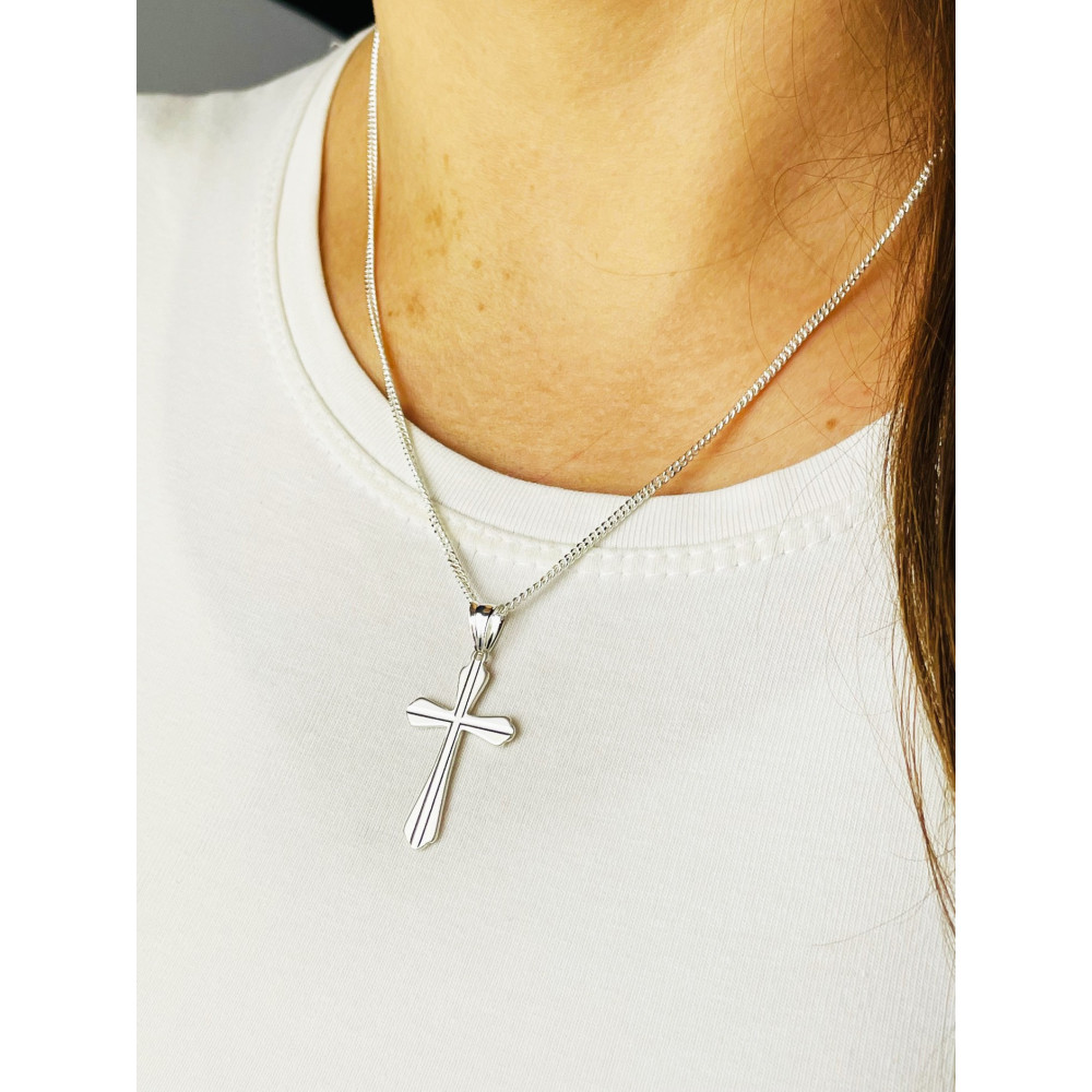 Srebrny komplet naszyjnik łańcuszek pancerka zawieszka krzyżyk frezowany Komunia Chrzest