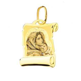 Złoty Medalik Zawieszka Matka Boska z Dzieciątkiem Jezus papirus wzór laserowy