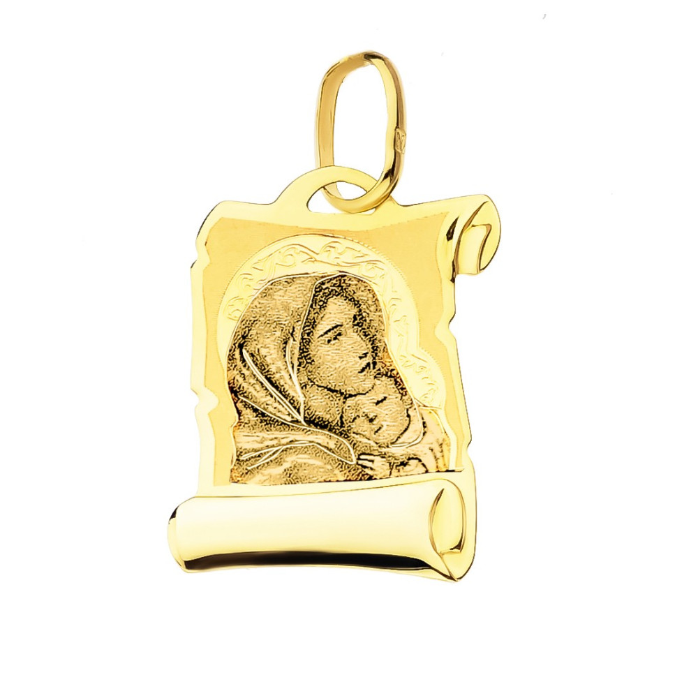 Złoty Medalik Zawieszka Matka Boska z Dzieciątkiem Jezus papirus wzór laserowy