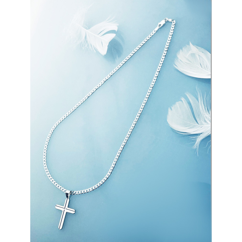 Srebrny komplet naszyjnik łańcuszek pancerka zawieszka duży krzyż frezowany