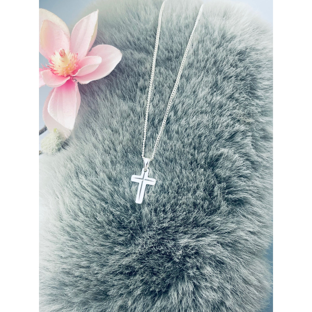 Srebrny komplet naszyjnik łańcuszek pancerka zawieszka krzyżyk frezowany Komunia Chrzest