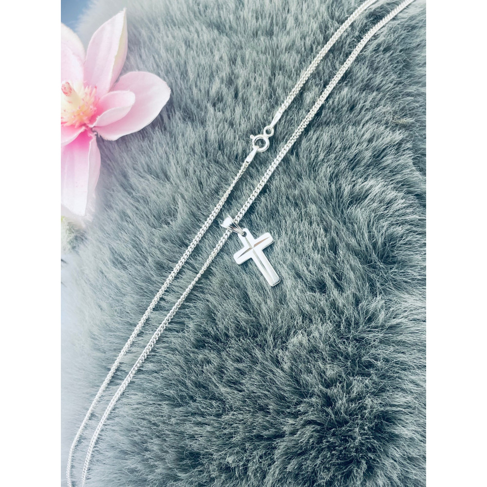 Srebrny komplet naszyjnik łańcuszek pancerka zawieszka krzyżyk frezowany Komunia Chrzest