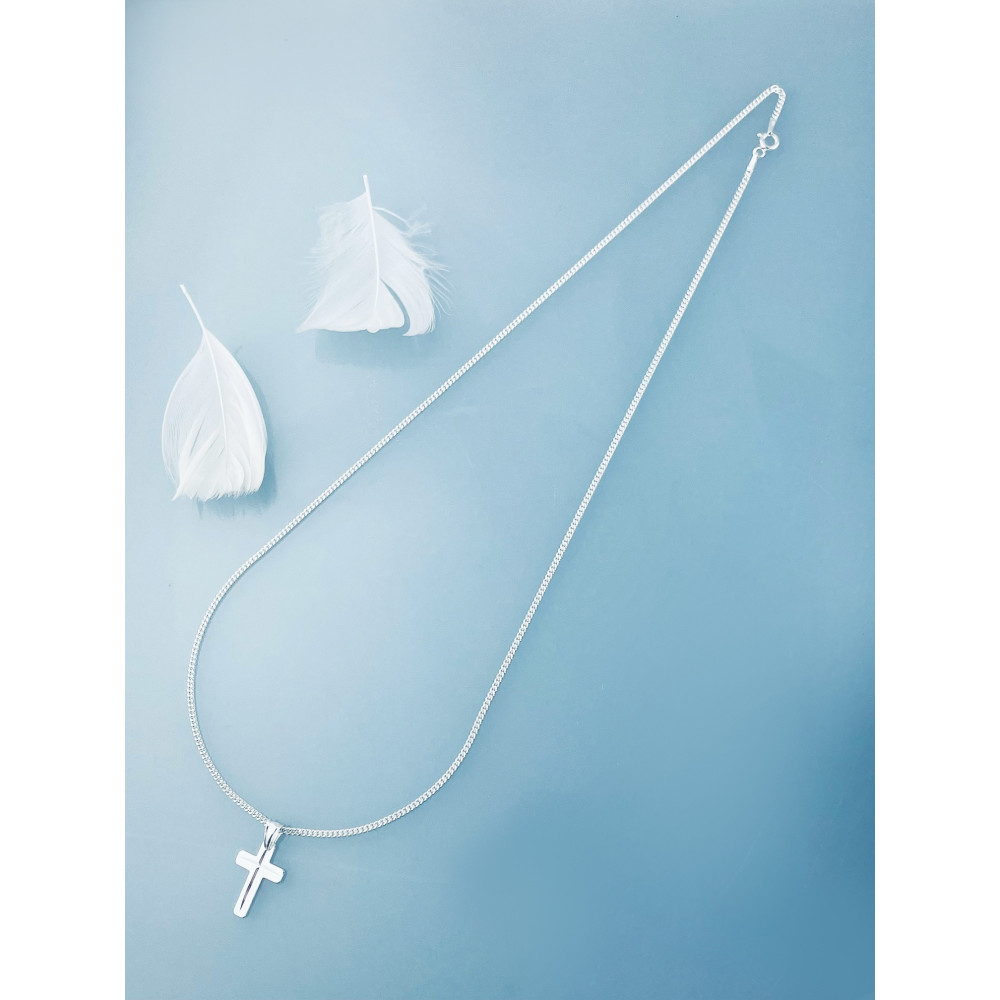 925 Silber Halskette mit Panzerkette und Anhänger Kreuz Erstkommunion Taufe
