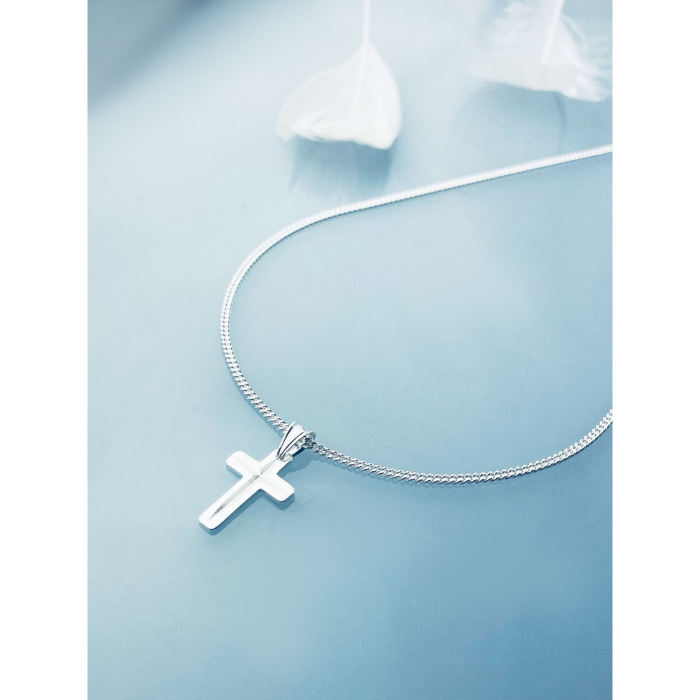 Srebrny komplet naszyjnik łańcuszek pancerka zawieszka krzyżyk frezowany Komunia Chrzest