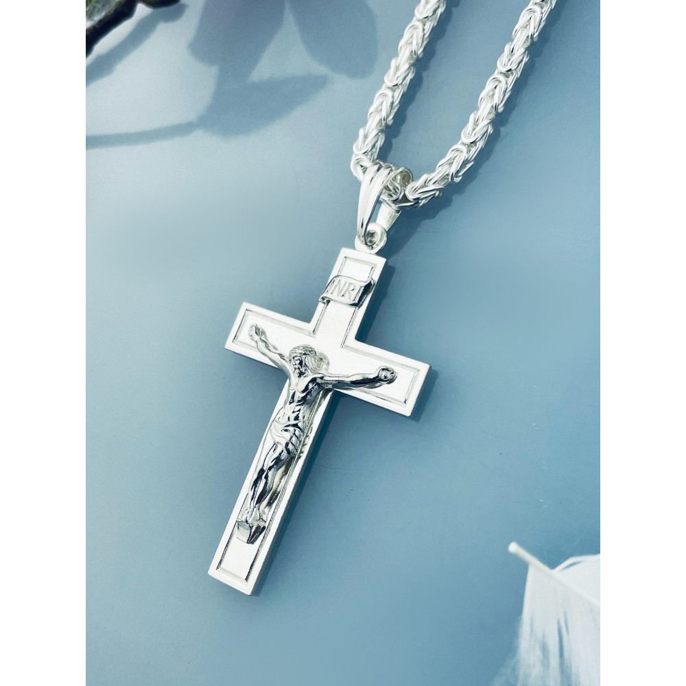 925 Silber Halskette mit Königskette und großes Kreuz mit Jesus