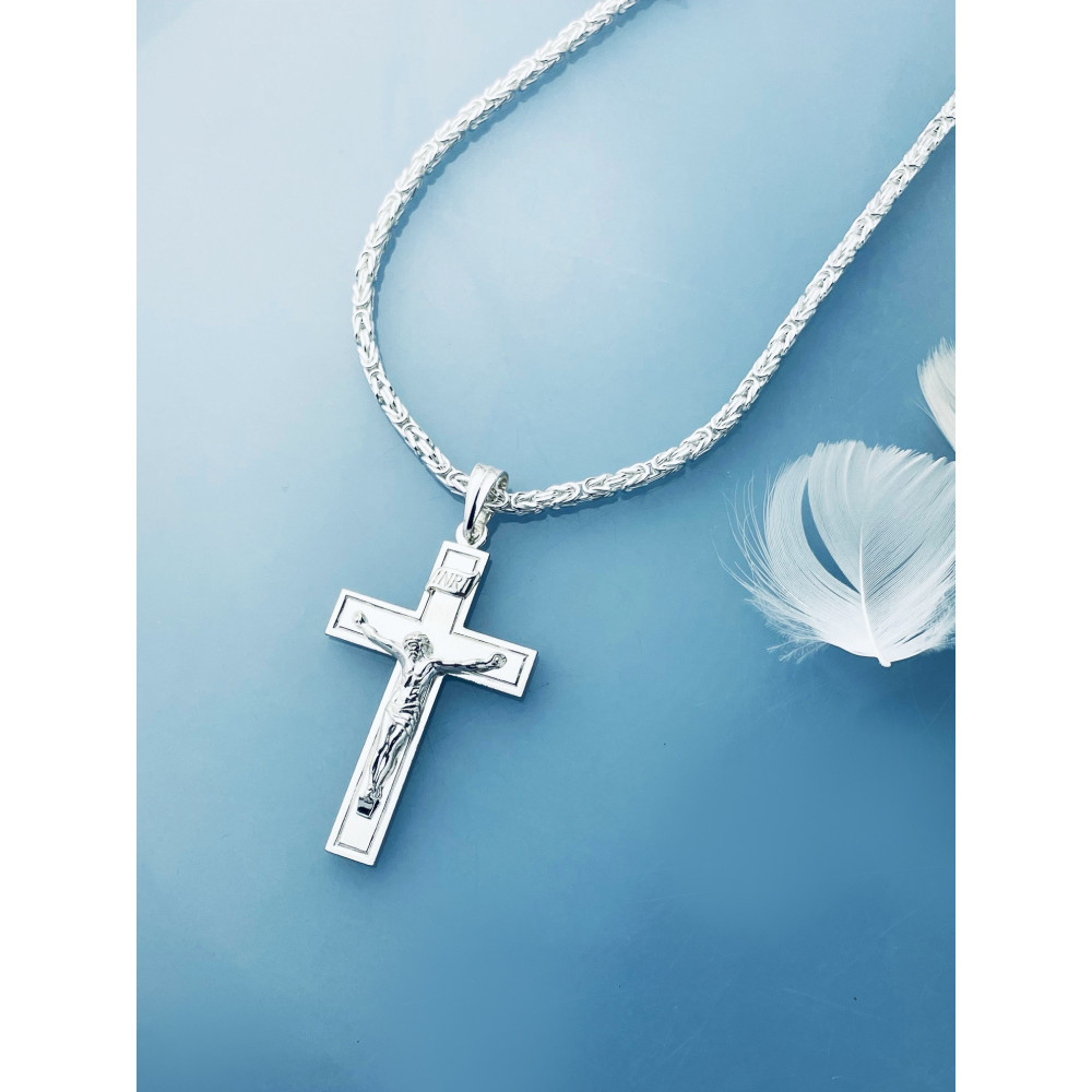 925 Silber Halskette mit Königskette und großes Kreuz mit Jesus