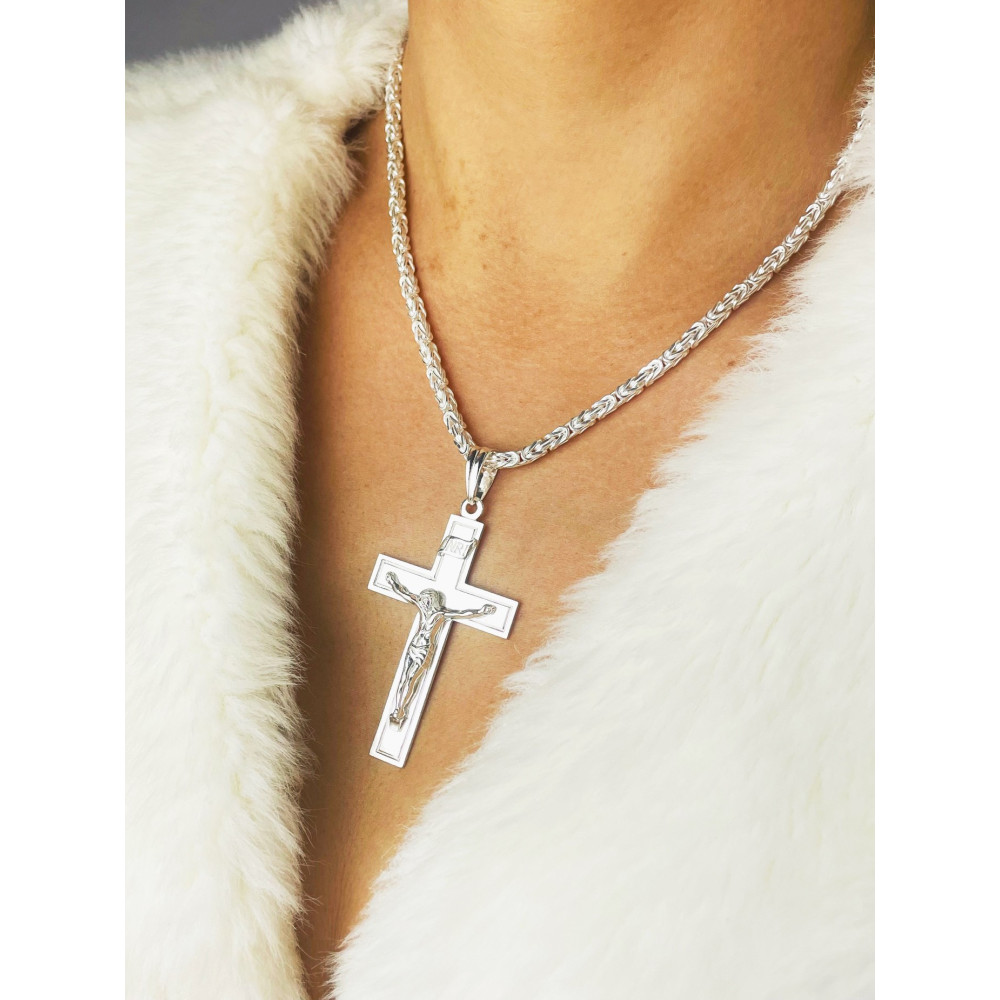 925 Silber Halskette mit Königskette und großes Kreuz mit Jesus