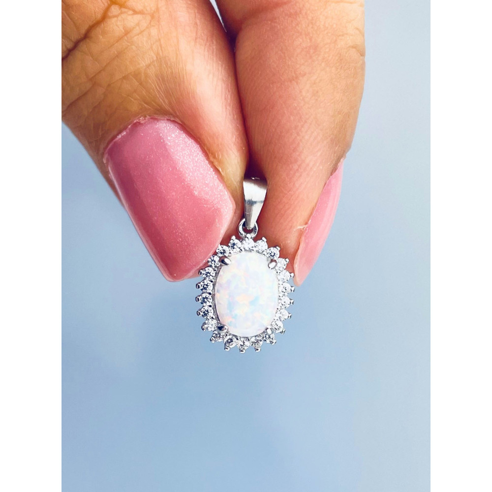 Oval 925 Silber Damen Medaillon Anhänger mit Opal und Zirkoni