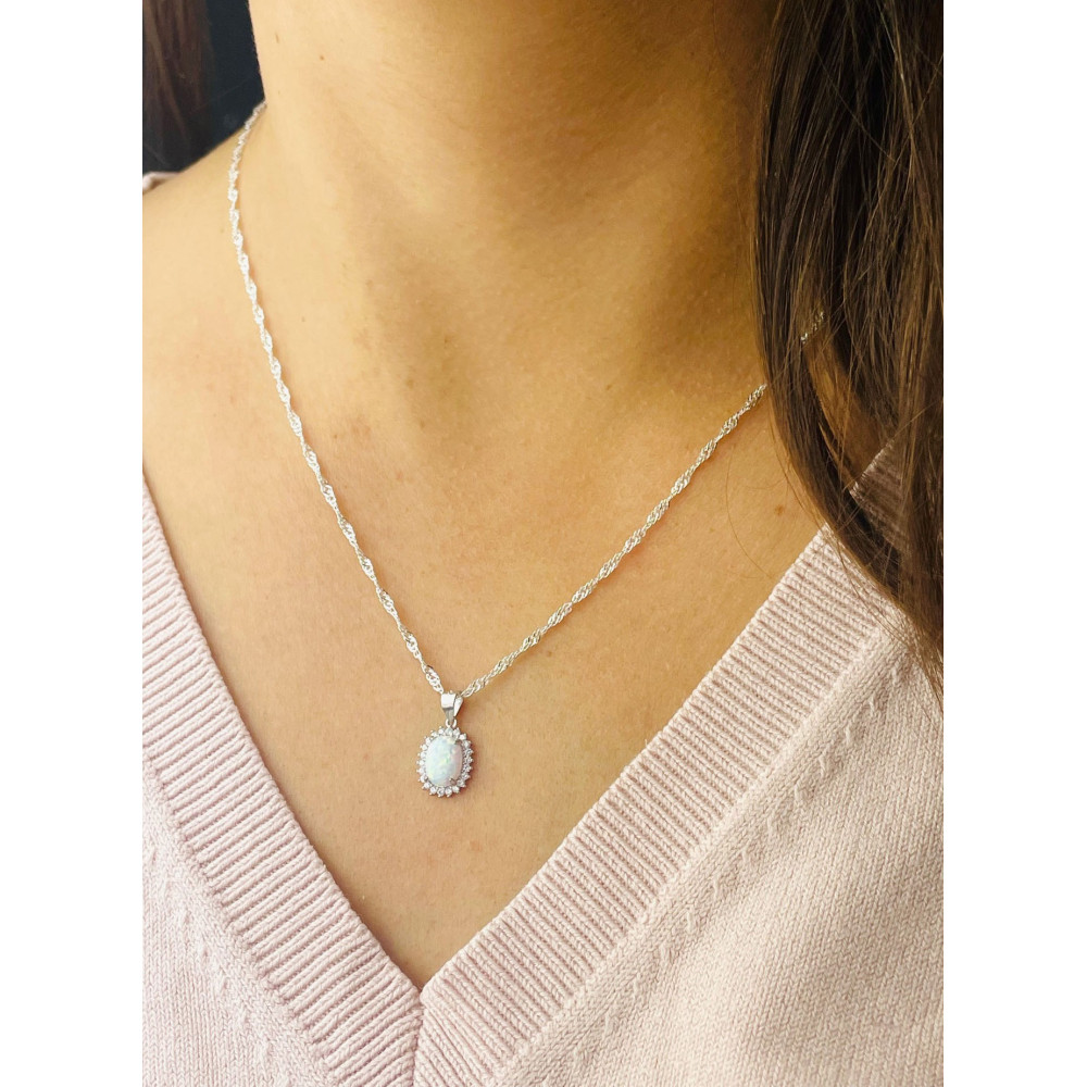 Oval 925 Silber Damen Medaillon Anhänger mit Opal und Zirkoni