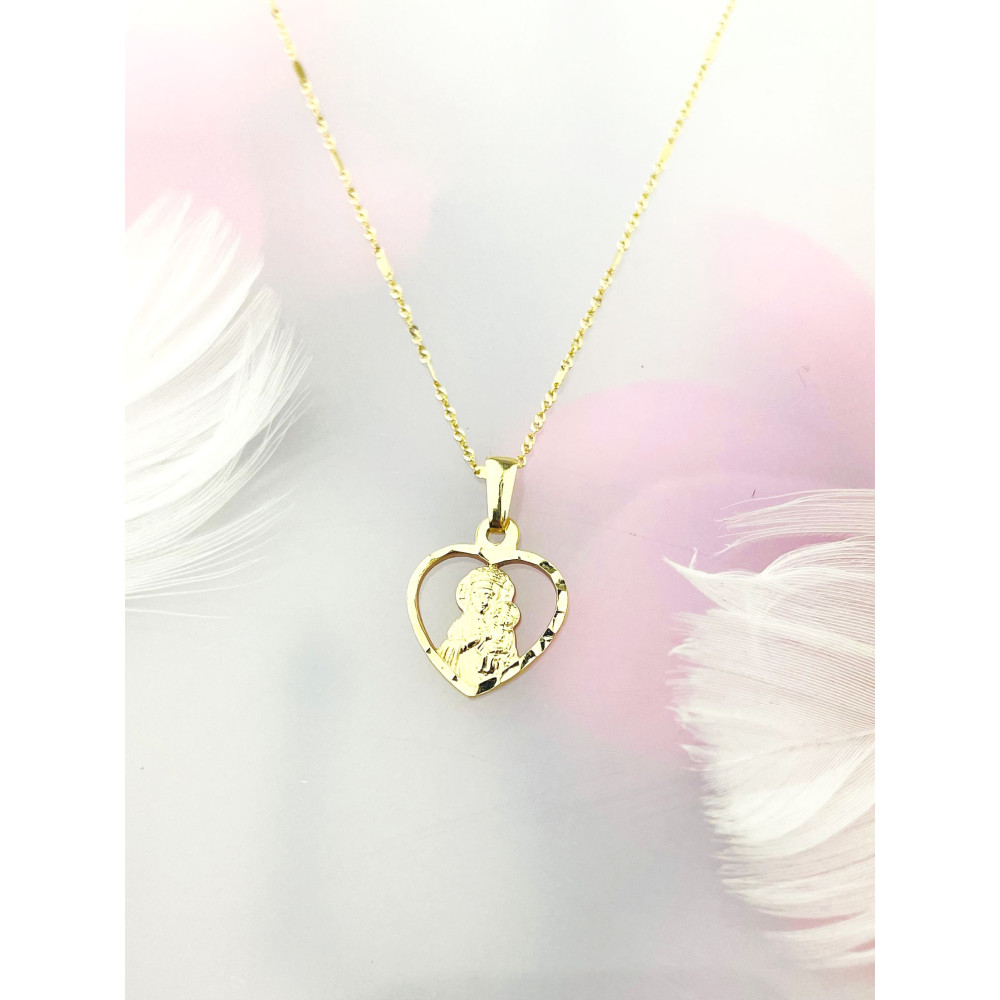 Złoty Medalik Zawieszka serce Matka Boska Częstochowska Chrzest Komunia