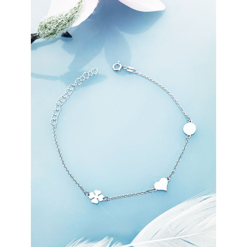 Kleeblatt Herz 925 Silber Ankerkette Armband