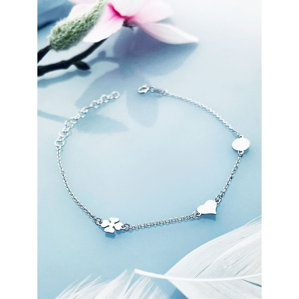 Kleeblatt Herz 925 Silber Ankerkette Armband
