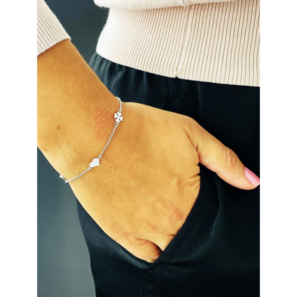 Kleeblatt Herz 925 Silber Ankerkette Armband