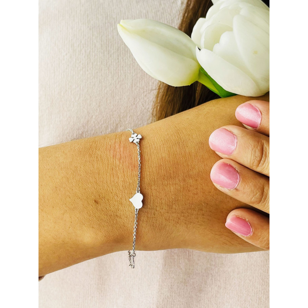 Kleeblatt Herz 925 Silber Ankerkette Armband