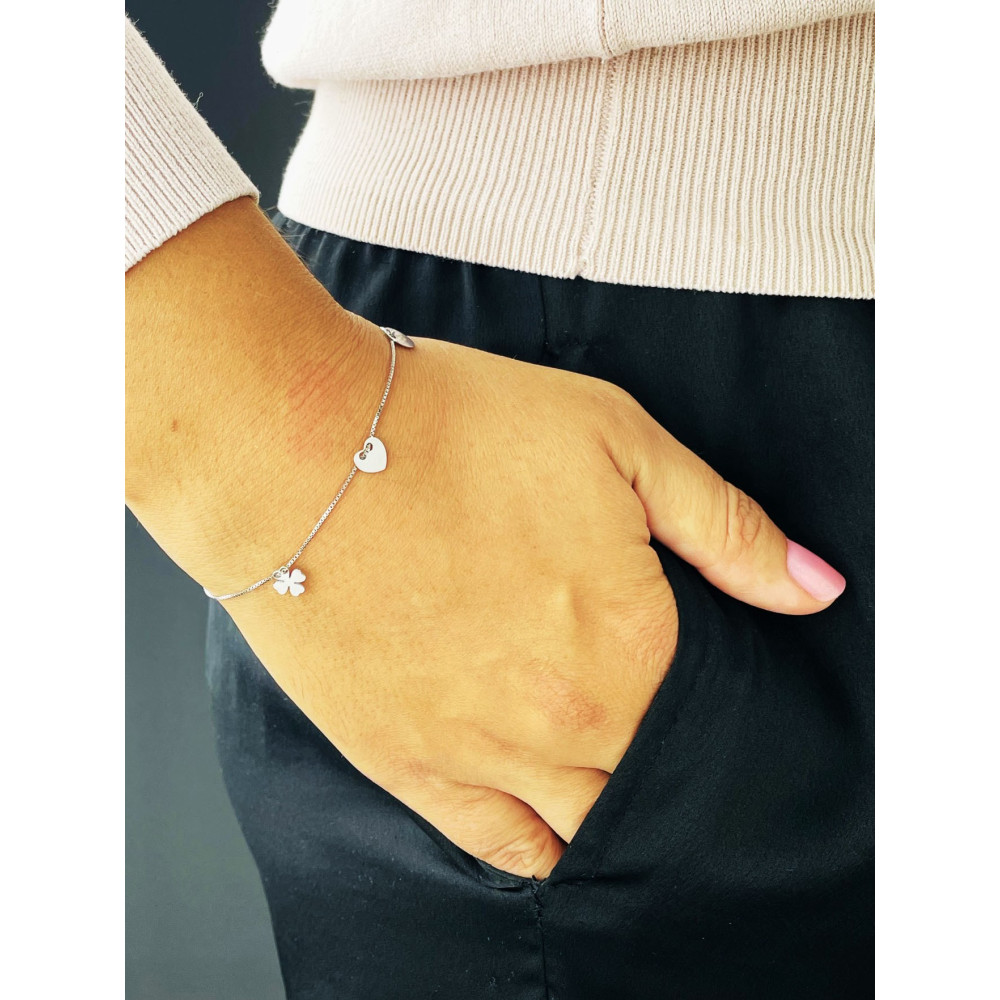 Kleeblatt Herz 925 Silber Ankerkette Armband
