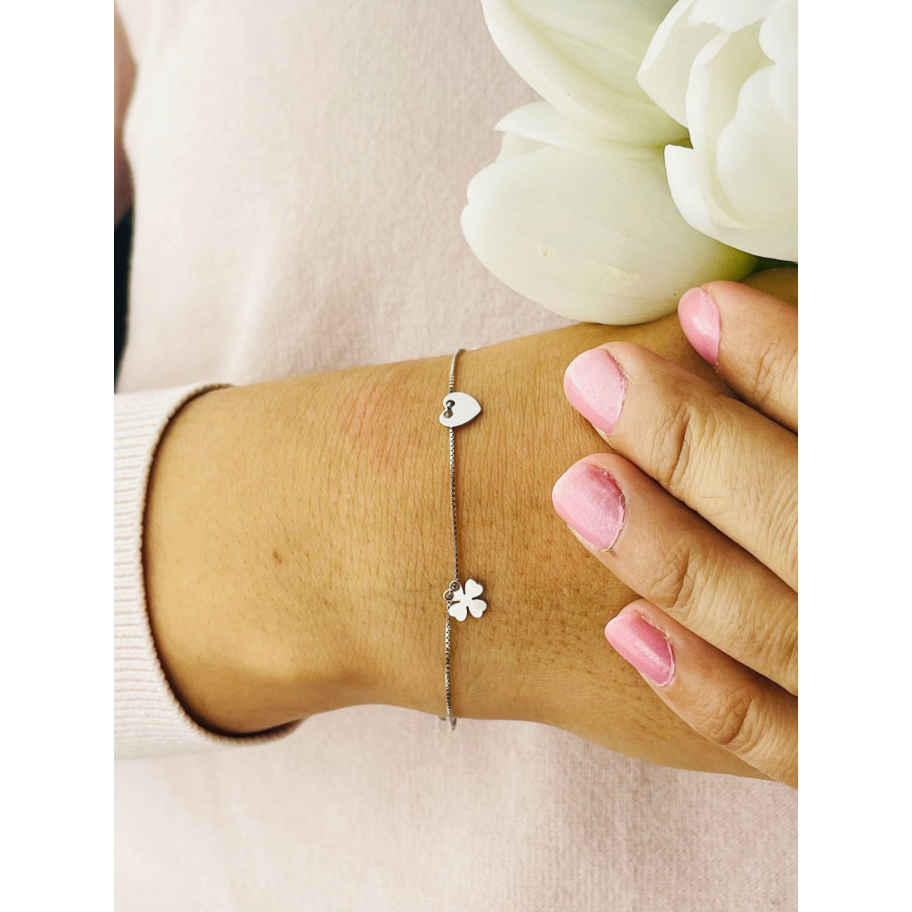 Kleeblatt Herz 925 Silber Ankerkette Armband