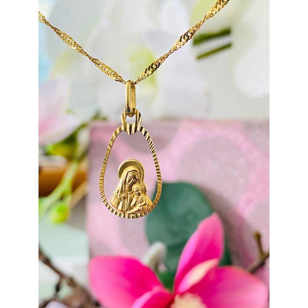 Złoty Medalik Zawieszka Matka Boska z Dzieciątkiem Jezus