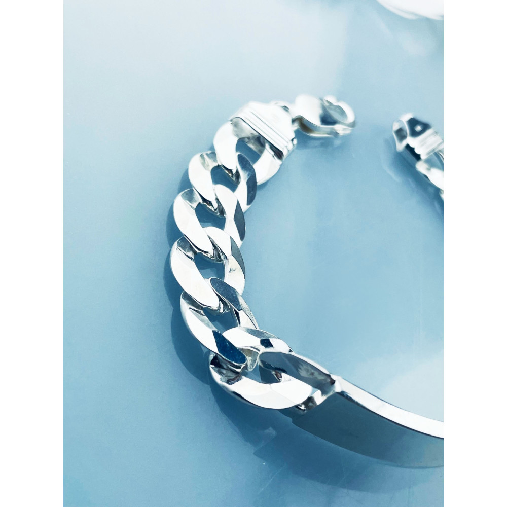 Srebrna bransoletka szeroka pancerka z blaszką do grawerowania