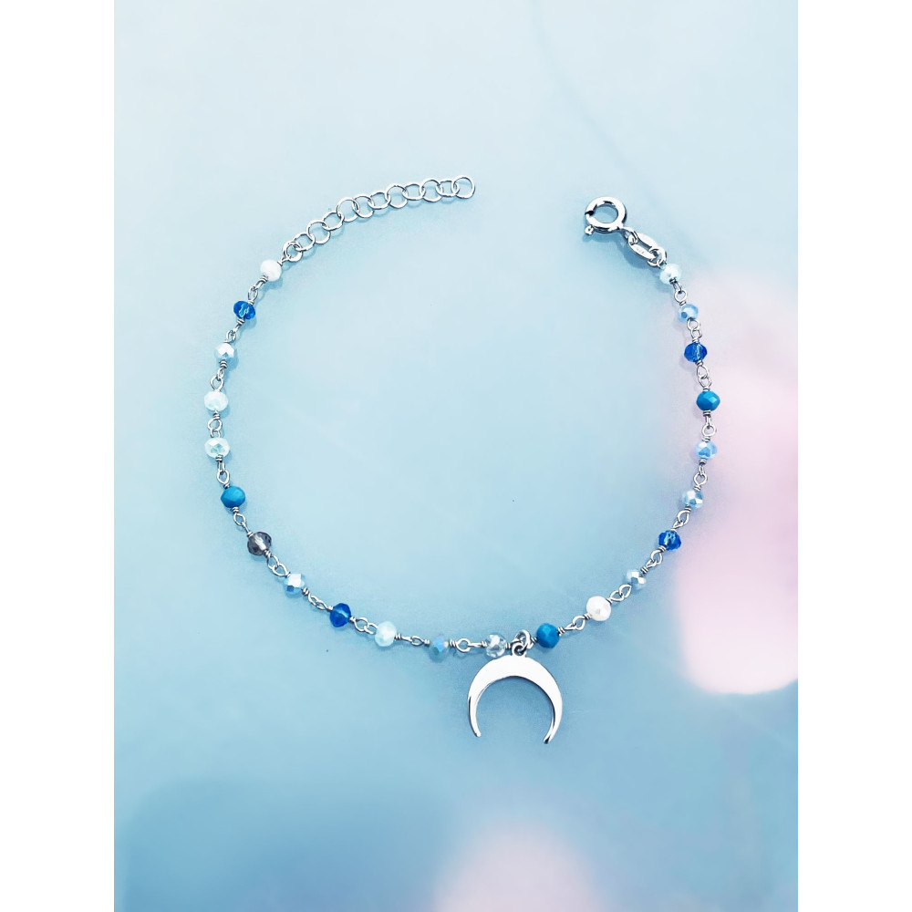 Silberarmband 925 mit blauen Natursteinen und Mond-Anhänger - Verstellbar, Boho Stil