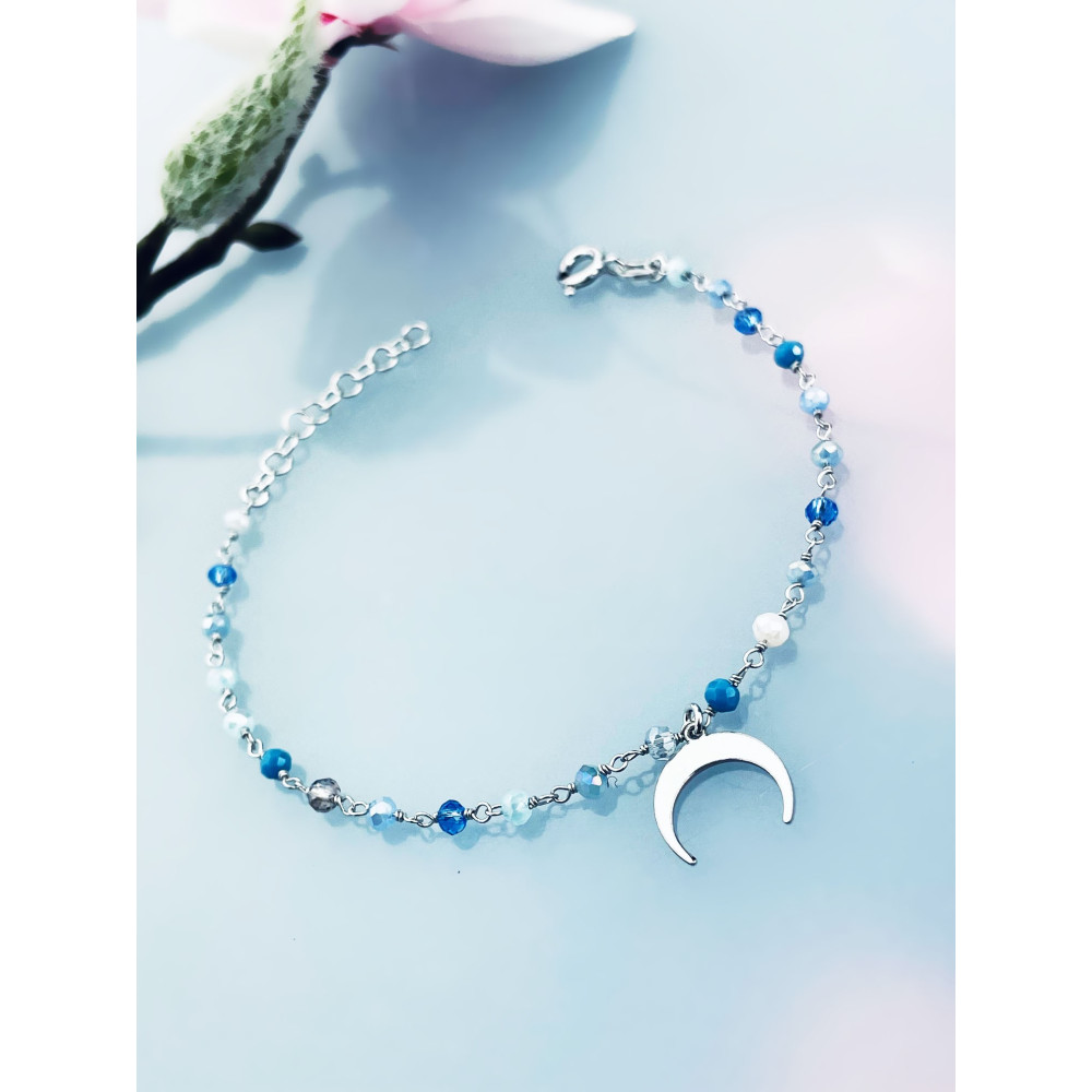 Silberarmband 925 mit blauen Natursteinen und Mond-Anhänger - Verstellbar, Boho Stil