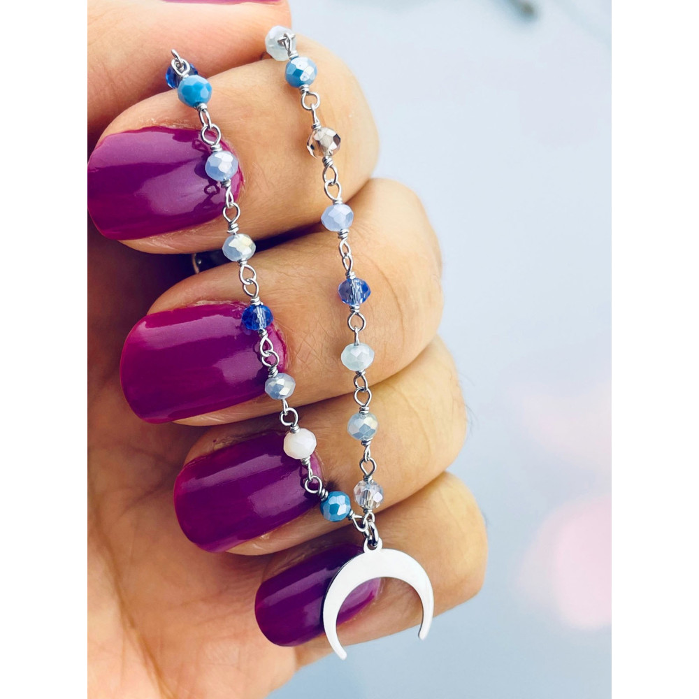 Silberarmband 925 mit blauen Natursteinen und Mond-Anhänger - Verstellbar, Boho Stil