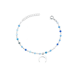 Silberarmband 925 mit blauen Natursteinen und Mond-Anhänger - Verstellbar, Boho Stil