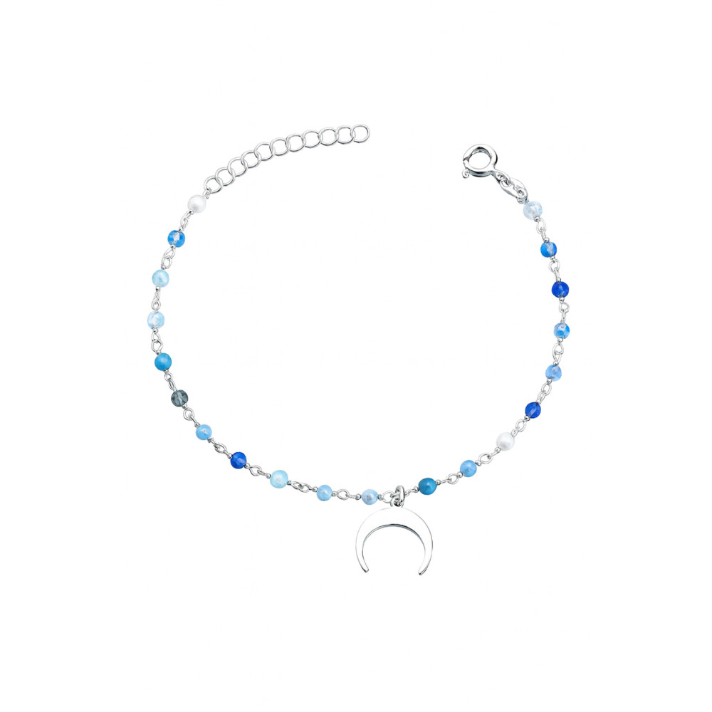Silberarmband 925 mit blauen Natursteinen und Mond-Anhänger - Verstellbar, Boho Stil