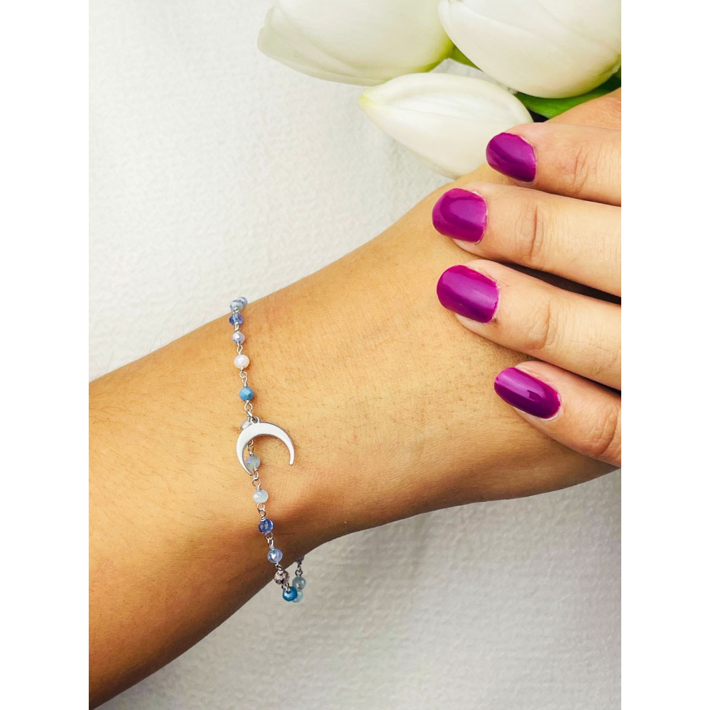 Silberarmband 925 mit blauen Natursteinen und Mond-Anhänger - Verstellbar, Boho Stil