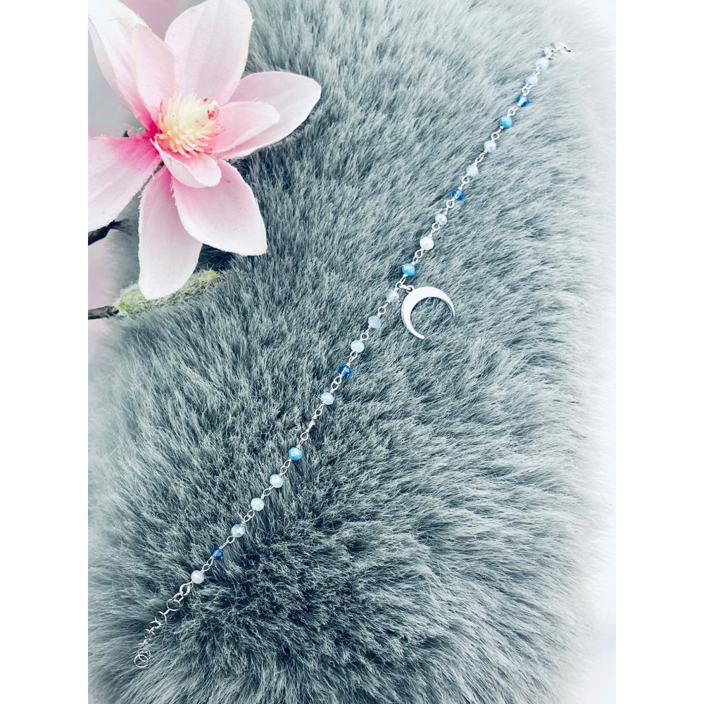 Silberarmband 925 mit blauen Natursteinen und Mond-Anhänger - Verstellbar, Boho Stil