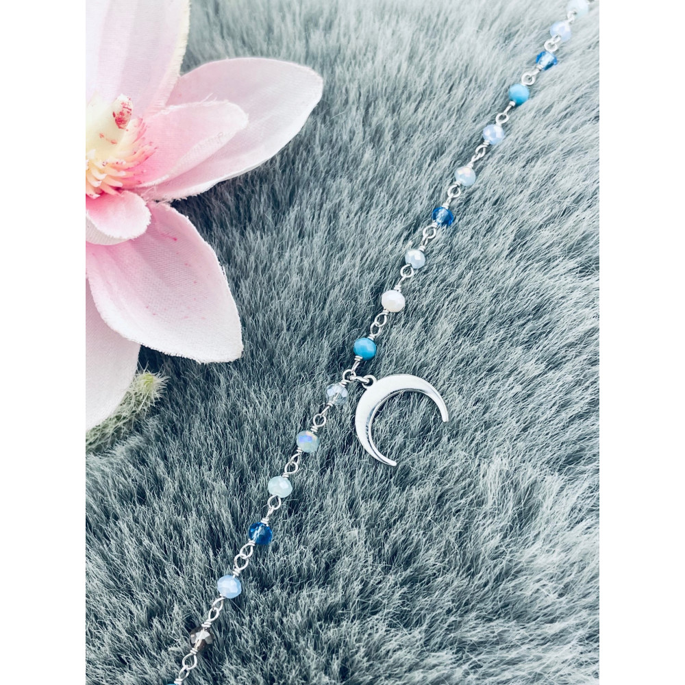 Silberarmband 925 mit blauen Natursteinen und Mond-Anhänger - Verstellbar, Boho Stil