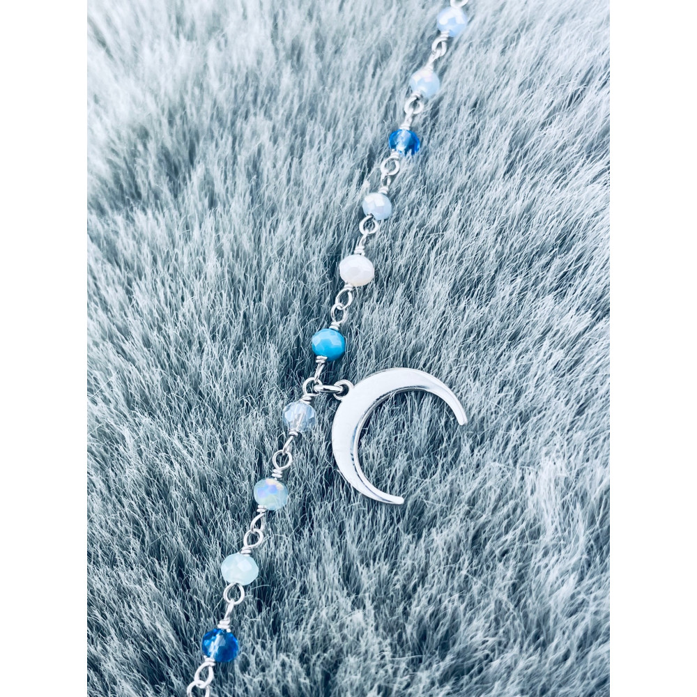 Silberarmband 925 mit blauen Natursteinen und Mond-Anhänger - Verstellbar, Boho Stil