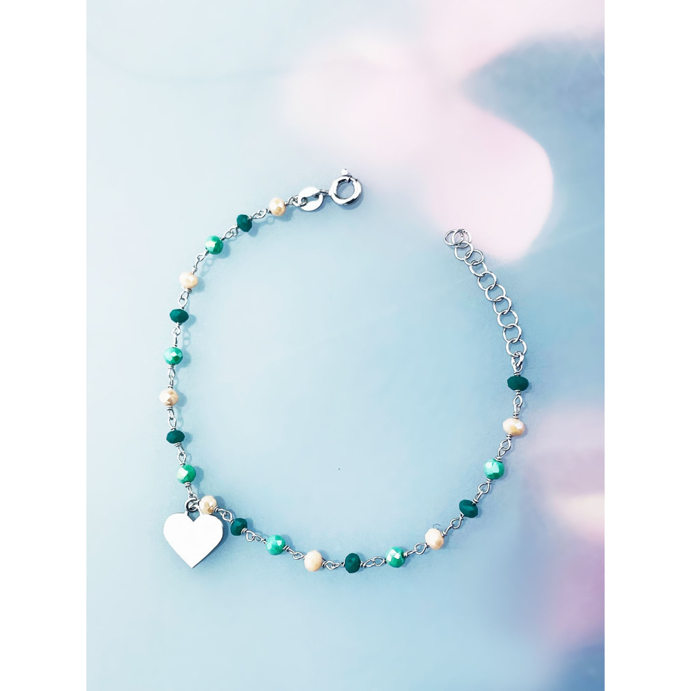 Silberarmband 925 mit grünen Natursteinen und herzförmigem Anhänger – verstellbar, Boho-Stil