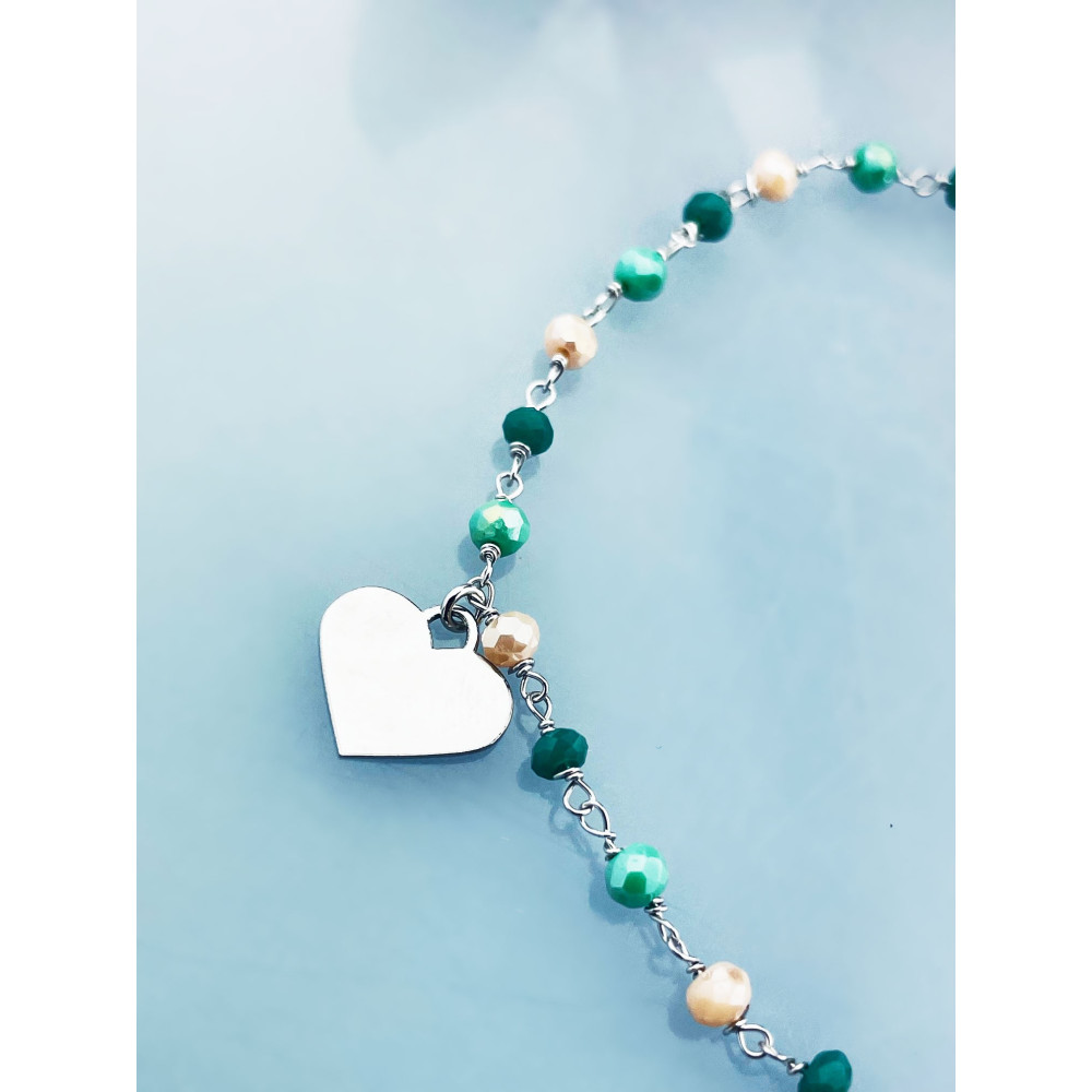 Silberarmband 925 mit grünen Natursteinen und herzförmigem Anhänger – verstellbar, Boho-Stil