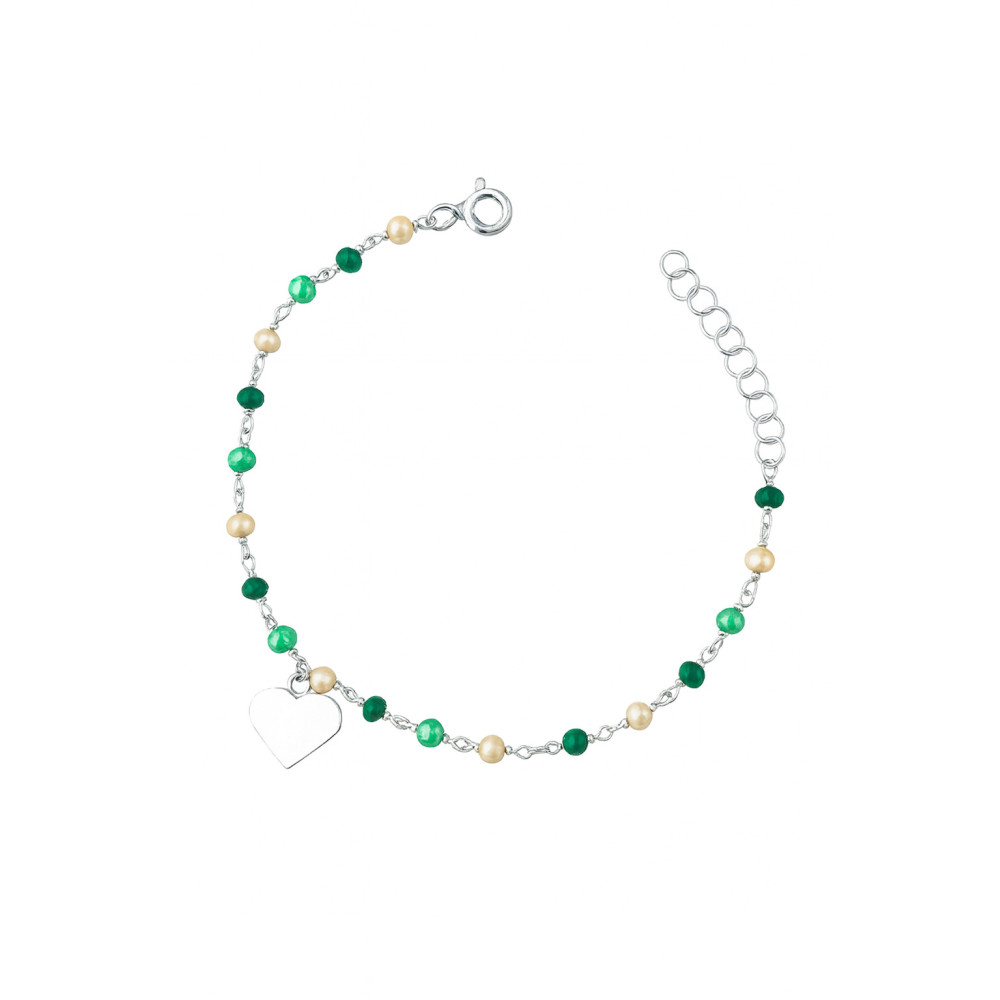 Silberarmband 925 mit grünen Natursteinen und herzförmigem Anhänger – verstellbar, Boho-Stil