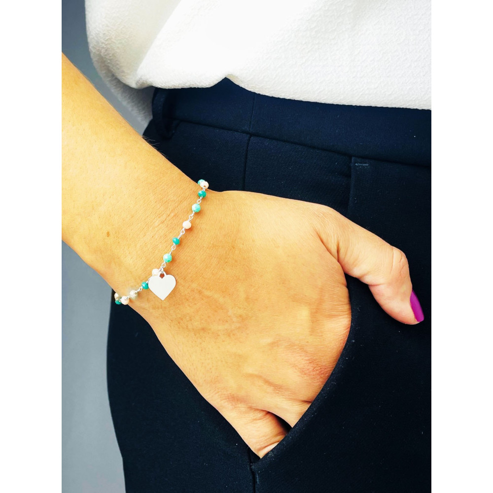 Silberarmband 925 mit grünen Natursteinen und herzförmigem Anhänger – verstellbar, Boho-Stil