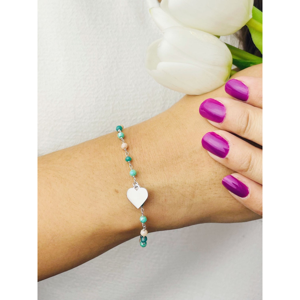 Silberarmband 925 mit grünen Natursteinen und herzförmigem Anhänger – verstellbar, Boho-Stil