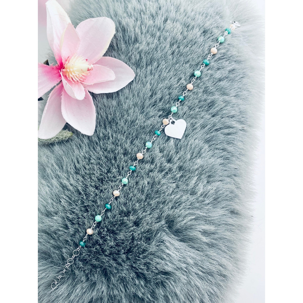 Silberarmband 925 mit grünen Natursteinen und herzförmigem Anhänger – verstellbar, Boho-Stil