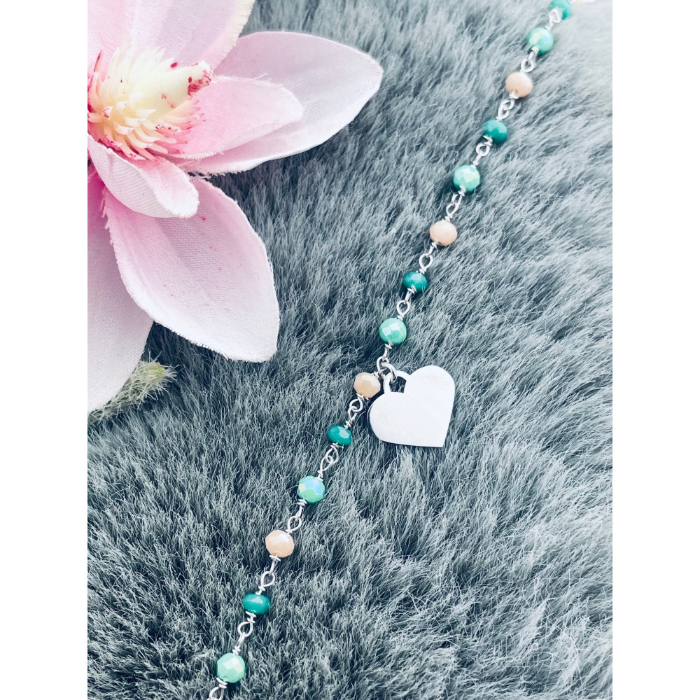 Silberarmband 925 mit grünen Natursteinen und herzförmigem Anhänger – verstellbar, Boho-Stil