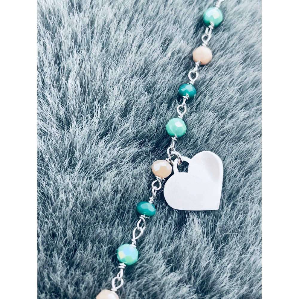 Silberarmband 925 mit grünen Natursteinen und herzförmigem Anhänger – verstellbar, Boho-Stil