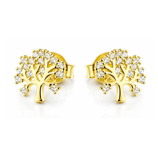 Baum Creolen Ohrringe mit Zirkonia Ohrhänger Ohrstecker Ohrschmuck Paar Gelbgold 585er 14KT