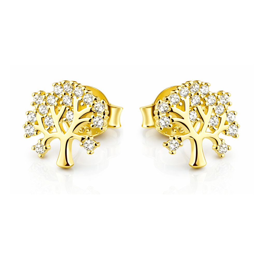 Baum Creolen Ohrringe mit Zirkonia Ohrhänger Ohrstecker Ohrschmuck Paar Gelbgold 585er 14KT