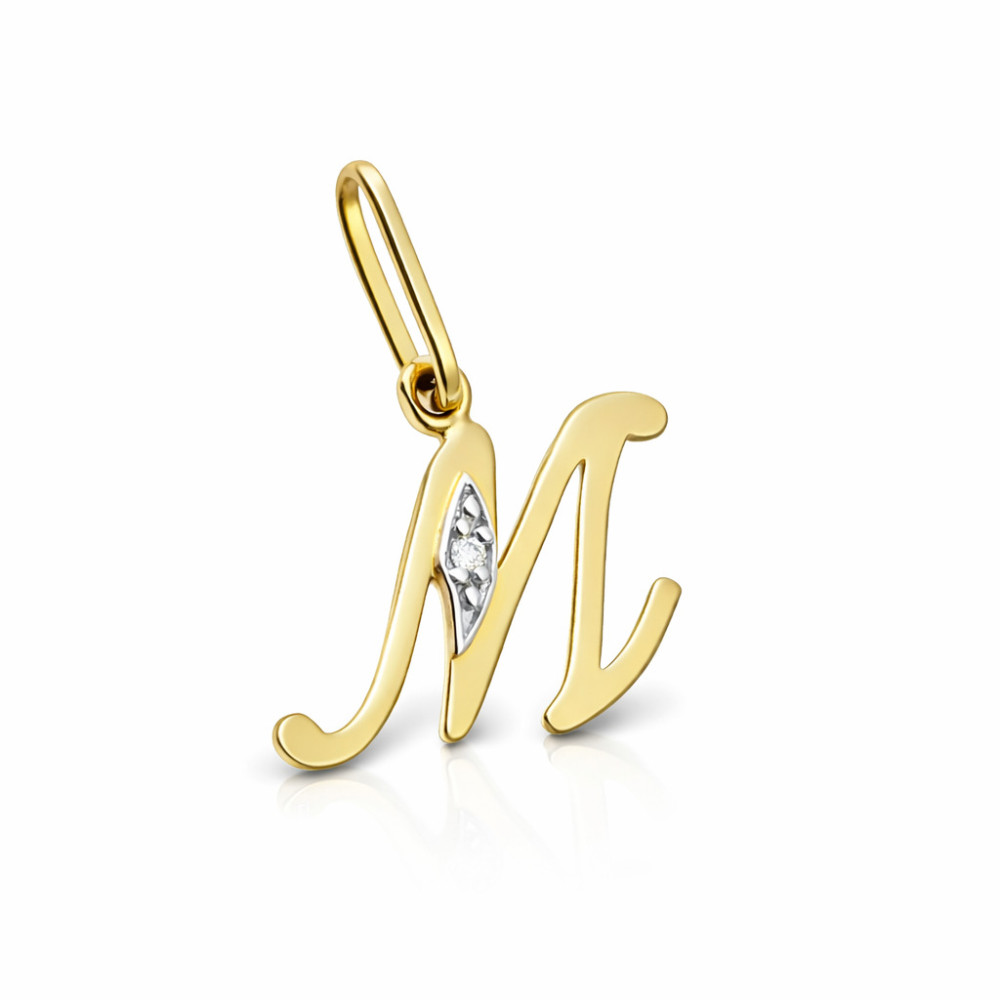 Złoty wisiorek zawieszka ozdobna literka M z cyrkoniami