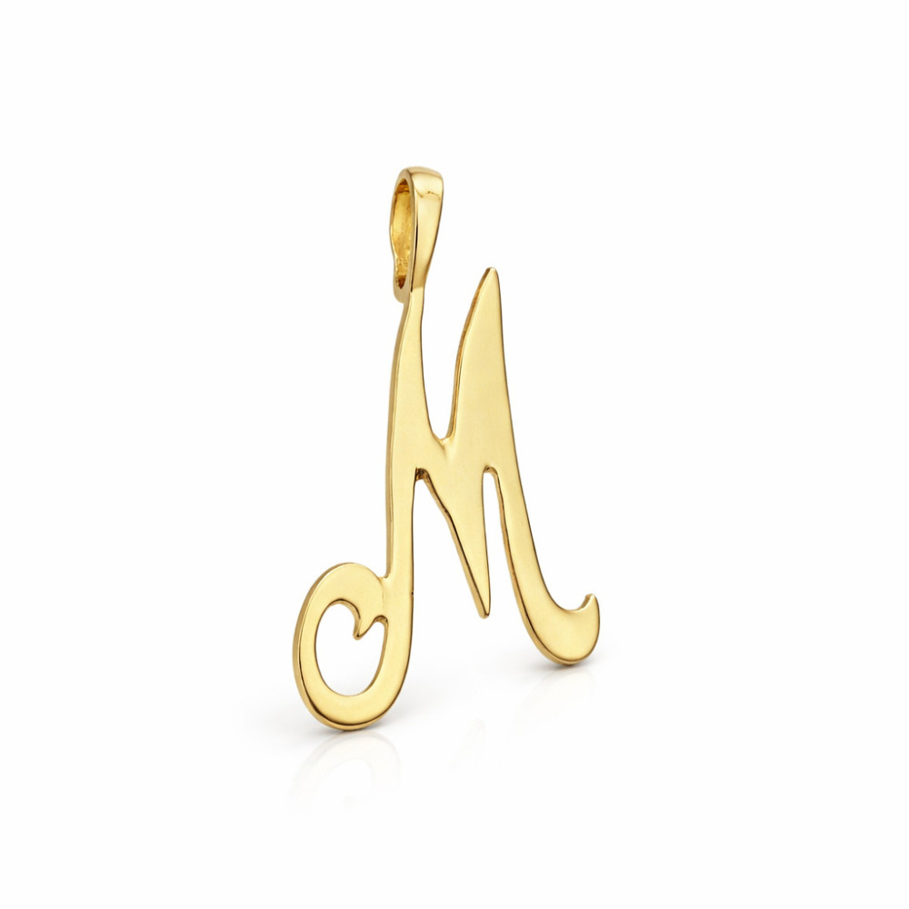 Złoty wisiorek zawieszka ozdobna literka M z zawijasami gładka polerowana