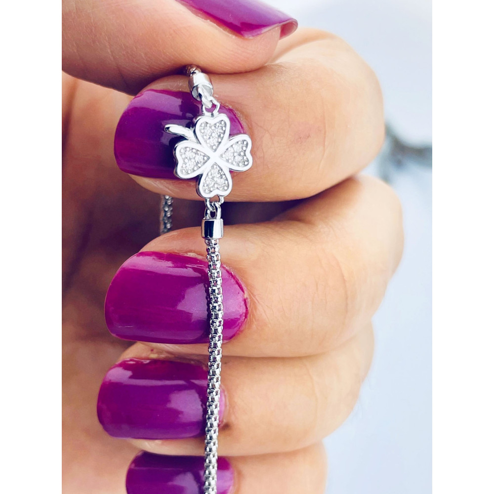 Srebrna bransoletka wężyk koniczynka z cyrkoniami