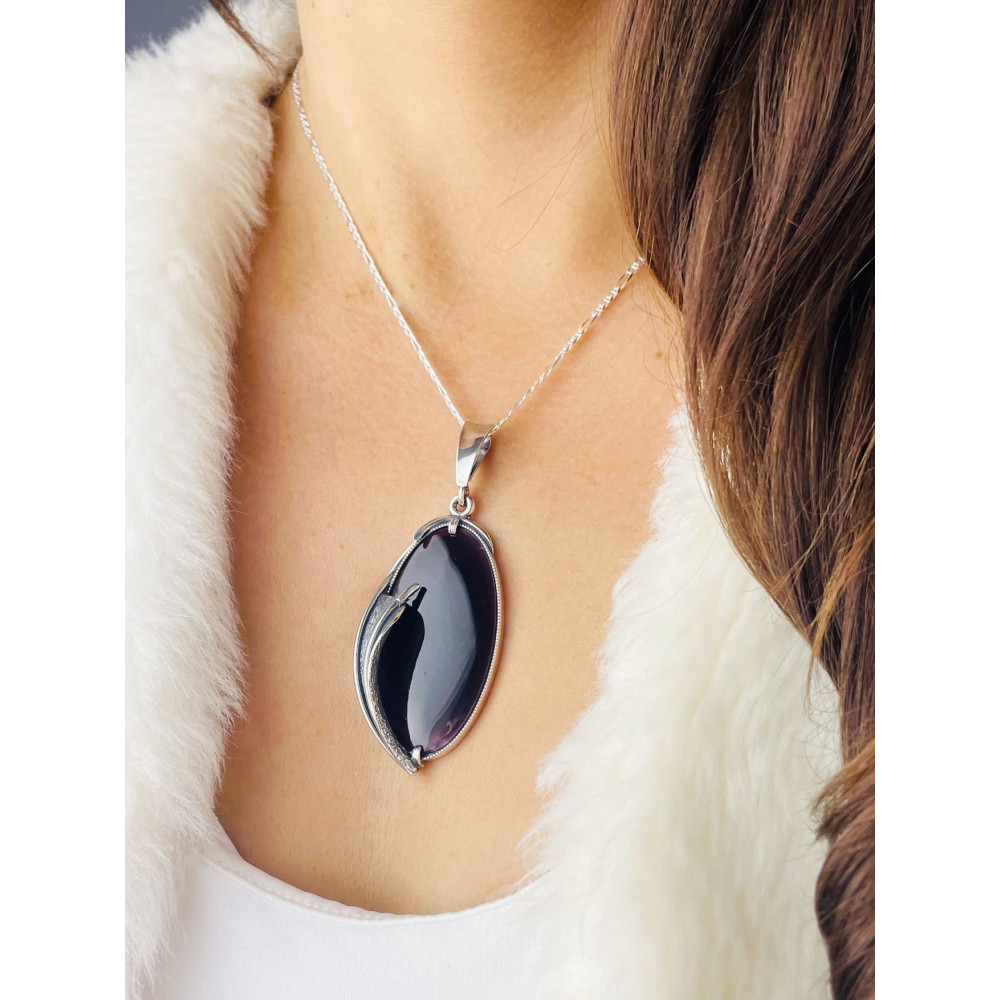 Oval 925 Silber Damen Medaillon Anhänger mit Pflaumenstein