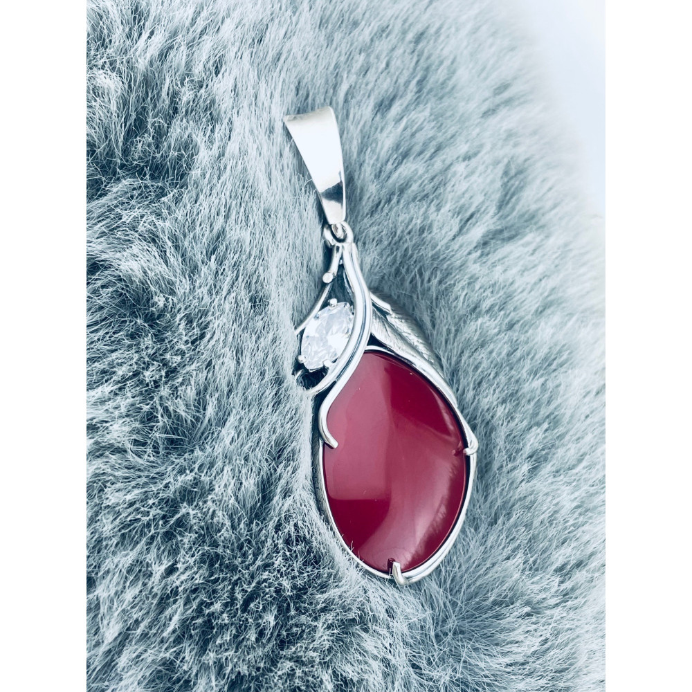 Oval 925 Silber Damen Medaillon Anhänger mit Korallenstein und Zirkonia