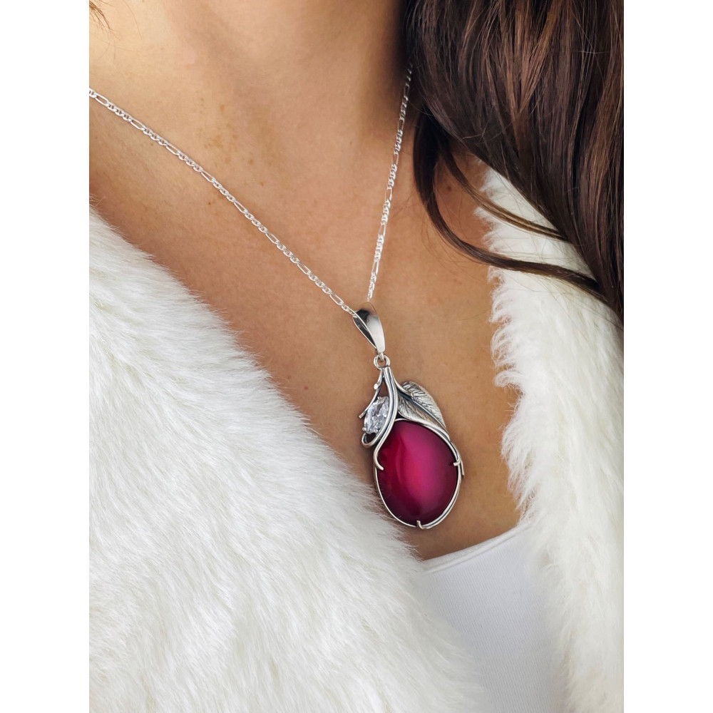 Oval 925 Silber Damen Medaillon Anhänger mit Korallenstein und Zirkonia