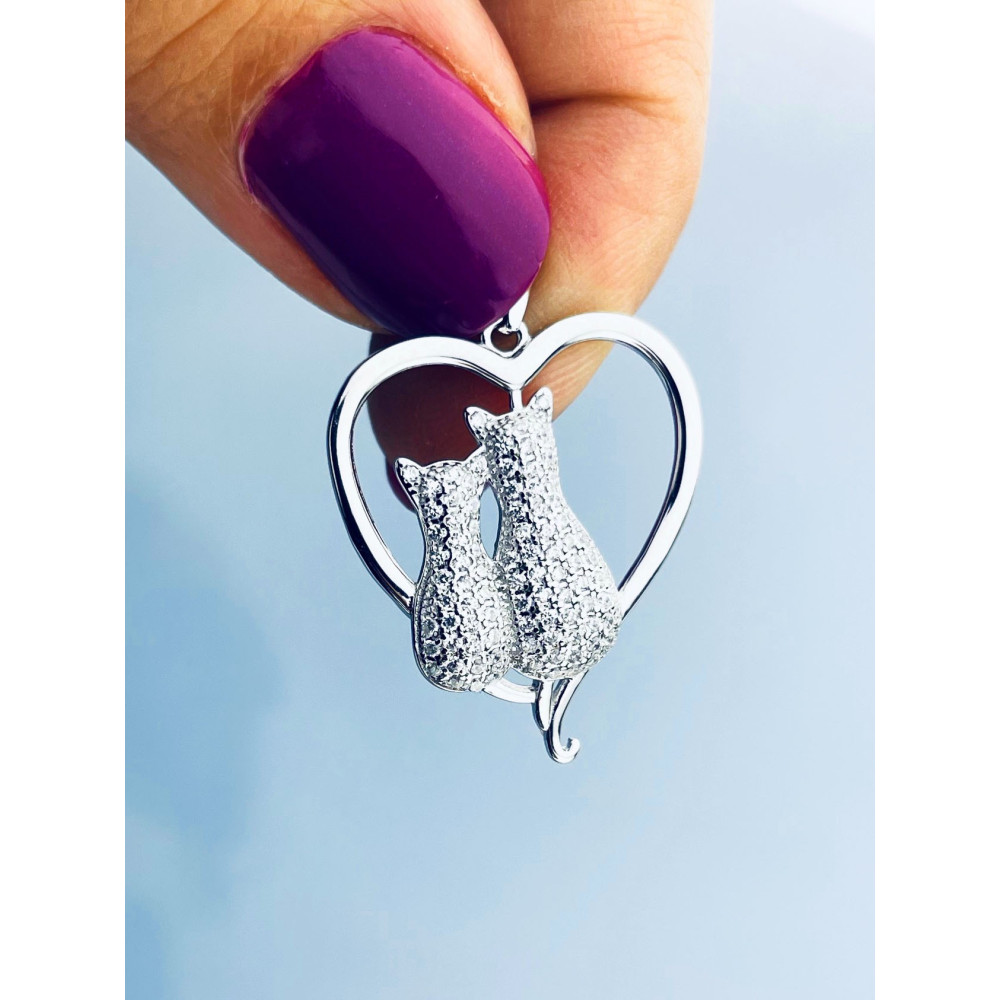 925 Silber Damen Medaillon Anhänger Herz und Katzen mit Zirkonia